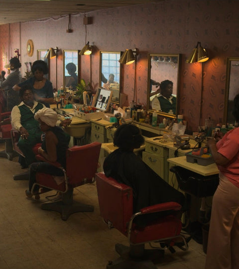 Fight Night still showing a hair salon with vintage wallpaper by On Air Design