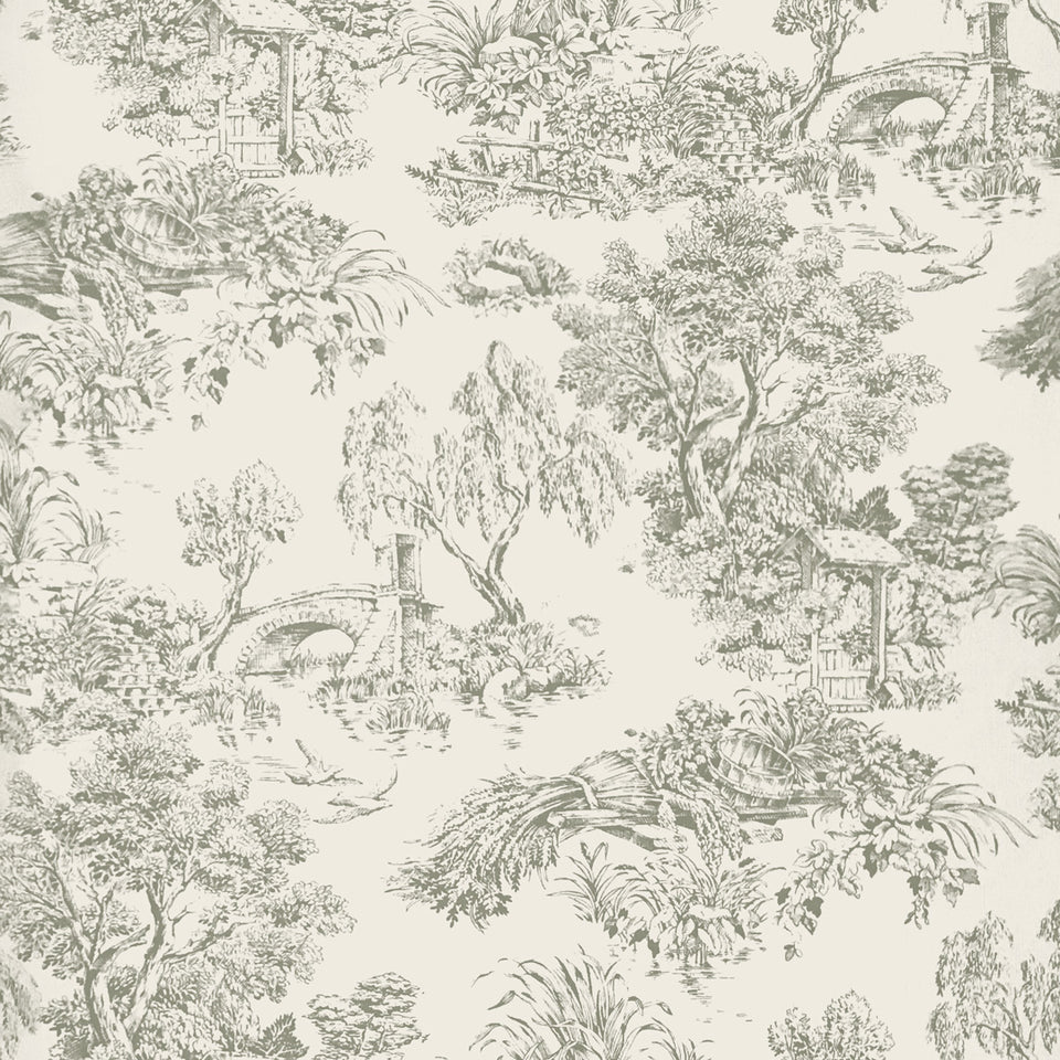 Bridge and Wheat Toile Wallpaper - Ivory
