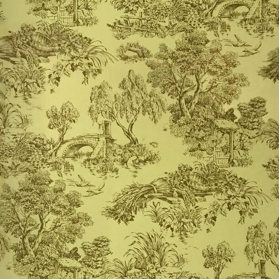 Bridge and Wheat Toile Wallpaper - Chartreuse